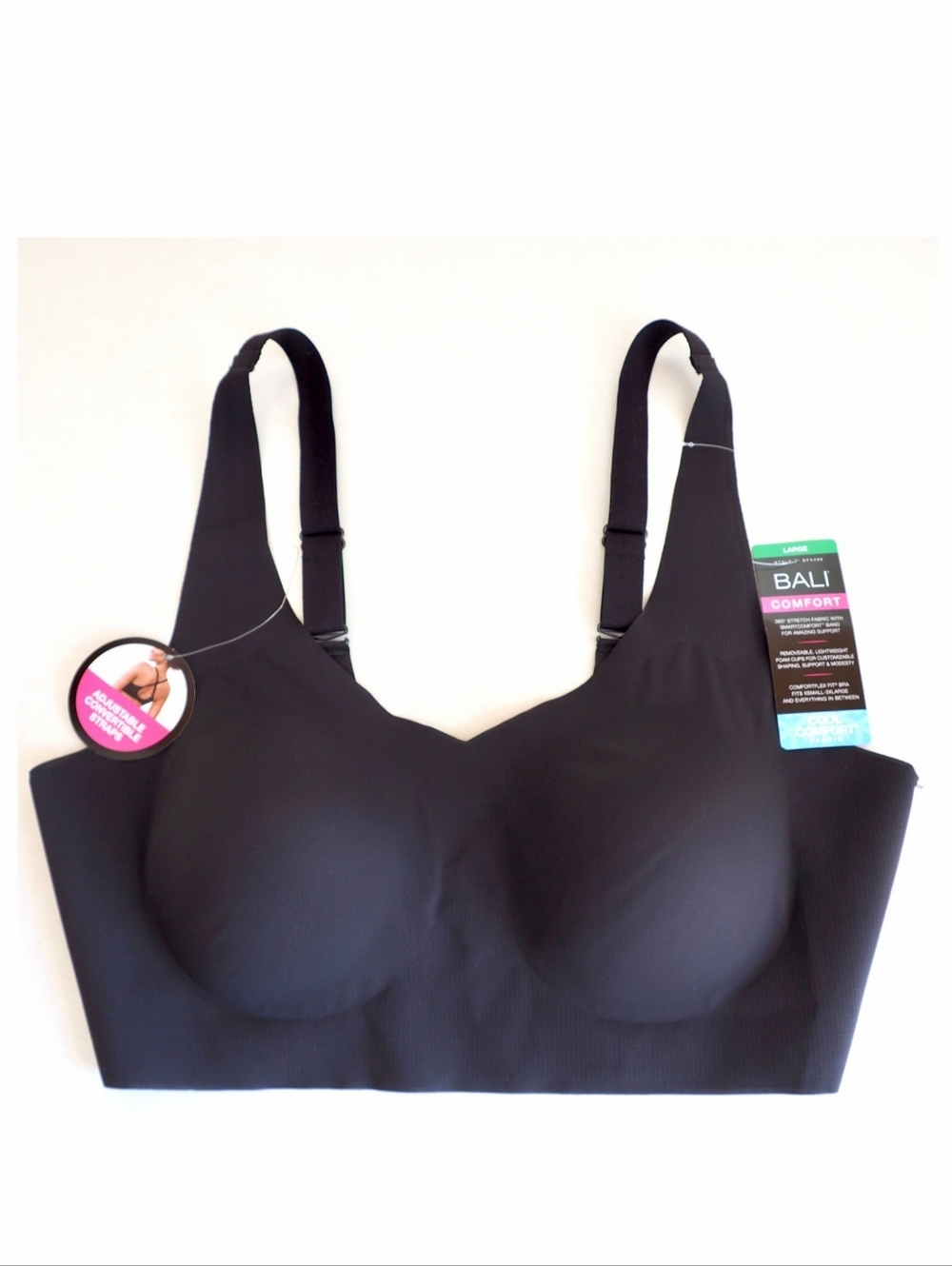 NEW Bali 3496 Bra Easylite Cool Comfort Wireless Black Large Convertible Straps